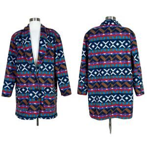 Vintage | 90s Rock Creek Fleece Boho Tribal Najavo Print Red Blue Coat Jacket 18